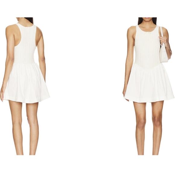 For Love & Lemons Billie Pointelle Mini Dress in Cream Drop Waist Poplin Knit - Picture 11 of 15